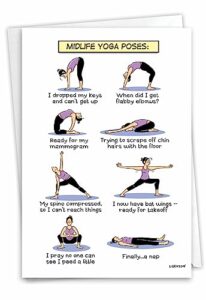 nobleworks - 1 funny women's birthday card with envelope - cartoon humor, stationery bday celebration card for wife, women - midlife yoga poses c7312bdg
