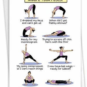 NobleWorks - 1 Funny Women's Birthday Card with Envelope - Cartoon Humor, Stationery Bday Celebration Card for Wife, Women - Midlife Yoga Poses C7312BDG