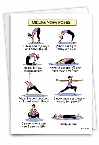 NobleWorks - 1 Funny Women's Birthday Card with Envelope - Cartoon Humor, Stationery Bday Celebration Card for Wife, Women - Midlife Yoga Poses C7312BDG