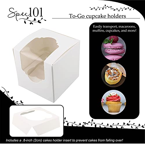 Spec101 Mini Cupcake Holders - 100 Pk Individual Cupcake Boxes with Inserts, 2.5 Inch To Go Cupcake Containers, White