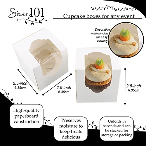 Spec101 Mini Cupcake Holders - 100 Pk Individual Cupcake Boxes with Inserts, 2.5 Inch To Go Cupcake Containers, White