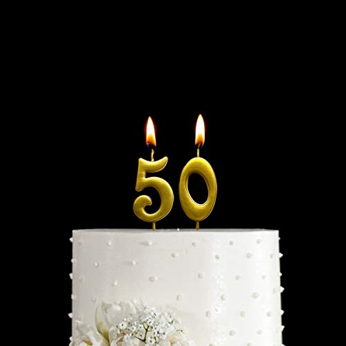 Gold 50th Birthday Numeral Candle, Number 50 Cake Topper Candles Party Decoration for Women or Men