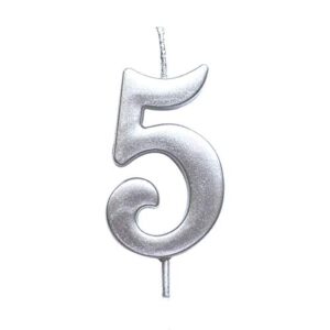 magjuche silver 5th birthday numeral candle, number 5 cake topper candles party decoration for girl or boy