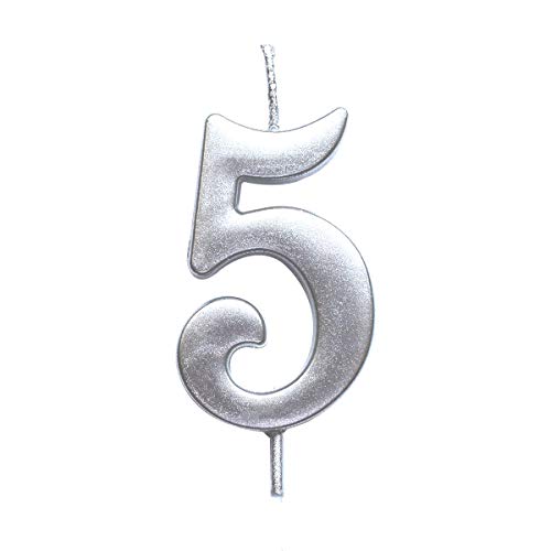 MAGJUCHE Silver 5th Birthday Numeral Candle, Number 5 Cake Topper Candles Party Decoration for Girl Or Boy