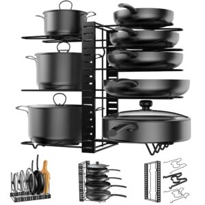kaptron pot rack organizer, 3 diy methods, height and position are adjustable - 8 pots holder, metal kitchen cabinet pantry pot pan lid holder (black)