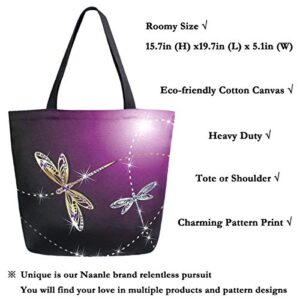 Naanle Dragonflies Canvas Tote Bag Large Women Casual Shoulder Bag Handbag, Dragonflies Reusable Multipurpose Heavy Duty Shopping Grocery Cotton Bag for Outdoors.