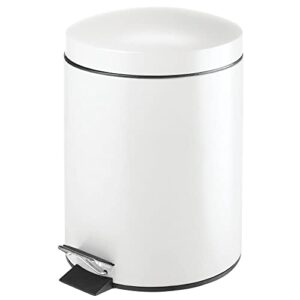 mDesign Modern 1.3 Gallon Round Small Metal Step Trash Can Wastebasket, Garbage Container Bin for Bathroom, Powder Room, Bedroom, Kitchen, Craft Room, Office - Removable Liner Bucket - White