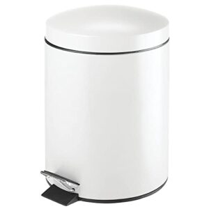 mdesign modern 1.3 gallon round small metal step trash can wastebasket, garbage container bin for bathroom, powder room, bedroom, kitchen, craft room, office - removable liner bucket - white