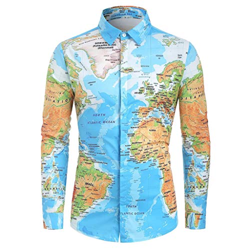 Men's Shirts World Map Printed Casual Long Sleeve Turndown Collar Button Down Fitted Summer Blouse (XXL, Blue)