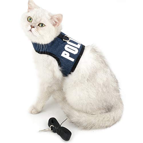 SMALLLEE_LUCKY_STORE Police Print Soft Mesh Denim Cat Harness and Leash Set for Walking Escape Proof Adjustable No Pull Choke Boy Small Puppies Kitten Rabbit Dog Harness Vest, Dark Blue L