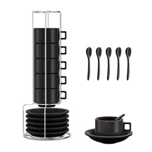 houseables espresso cups and saucers with spoons, black, stackable demitasse with metal stand, 19 pieces, 2.5 ounce, porcelain, tea kit, teacups, turkish coffee mug, organizer rack