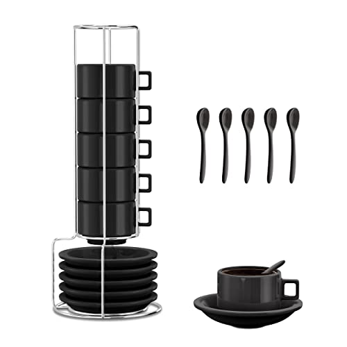 Houseables Espresso Cups and Saucers with Spoons, Black, Stackable Demitasse with Metal Stand, 19 Pieces, 2.5 Ounce, Porcelain, Tea Kit, Teacups, Turkish Coffee Mug, Organizer Rack