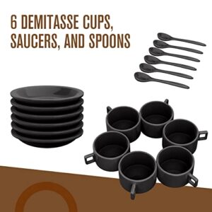 Houseables Espresso Cups and Saucers with Spoons, Black, Stackable Demitasse with Metal Stand, 19 Pieces, 2.5 Ounce, Porcelain, Tea Kit, Teacups, Turkish Coffee Mug, Organizer Rack