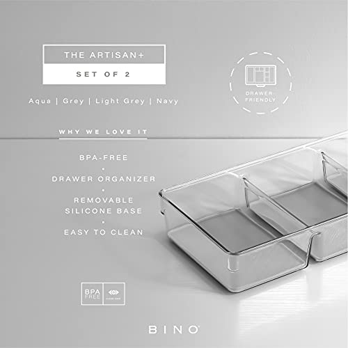 BINO | 3-Compartment Plastic Drawer Organizer, Light Grey - 2 Pack | THE ARTISAN+ | Multi-Use Storage Bins | Silicone Base, Non-Slip Rubber Feet | Makeup Organizer for Vanity | Desk Organizers