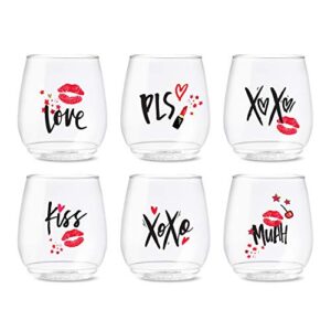 tossware pop 14oz vino xoxo series, set of 6, premium quality, recyclable, unbreakable & crystal clear plastic printed glasses