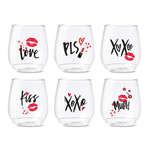 TOSSWARE POP 14oz Vino XOXO Series, SET OF 6, Premium Quality, Recyclable, Unbreakable & Crystal Clear Plastic Printed Glasses