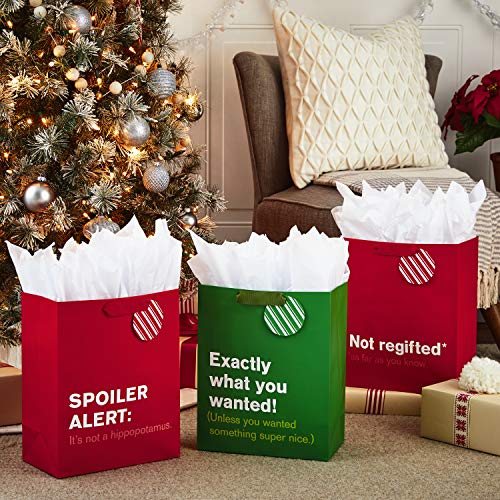 "Hallmark 13"" Large Christmas Gift Bag Bundle with Tissue Paper, Funny Holiday (Pack of 3, Red and Green)", large humor bundle (5XGB4898)