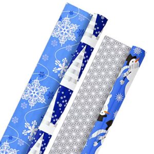 hallmark holiday reversible wrapping paper bundle, blue and silver (pack of 2, 60 sq. ft. ttl) snowmen, snowflakes, christmas trees