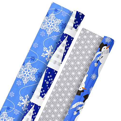 Hallmark Holiday Reversible Wrapping Paper Bundle, Blue and Silver (Pack of 2, 60 sq. ft. ttl) Snowmen, Snowflakes, Christmas Trees