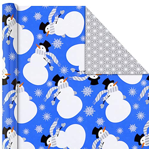 Hallmark Holiday Reversible Wrapping Paper Bundle, Blue and Silver (Pack of 2, 60 sq. ft. ttl) Snowmen, Snowflakes, Christmas Trees