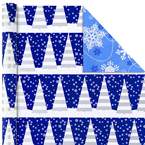 Hallmark Holiday Reversible Wrapping Paper Bundle, Blue and Silver (Pack of 2, 60 sq. ft. ttl) Snowmen, Snowflakes, Christmas Trees
