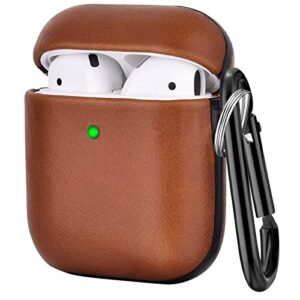 v-moro compatible with airpods case, genuine leather airpods case with keychain for airpods 2 & 1, front led visible, protective cover skin brown