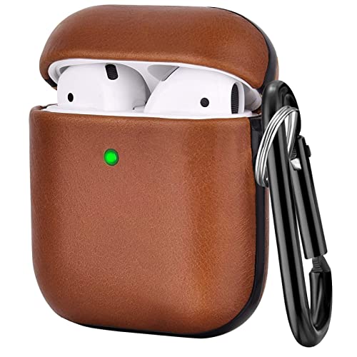 V-MORO Compatible with Airpods Case, Genuine Leather Airpods Case with Keychain for Airpods 2 & 1, Front LED Visible, Protective Cover Skin Brown