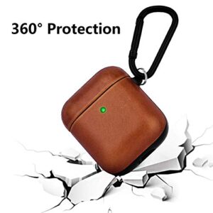 V-MORO Compatible with Airpods Case, Genuine Leather Airpods Case with Keychain for Airpods 2 & 1, Front LED Visible, Protective Cover Skin Brown