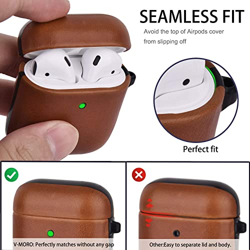 V-MORO Compatible with Airpods Case, Genuine Leather Airpods Case with Keychain for Airpods 2 & 1, Front LED Visible, Protective Cover Skin Brown