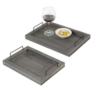 mygift rustic gray wood serving trays with handles, rectangular nesting coffee ottoman decorative trays, 2 piece set