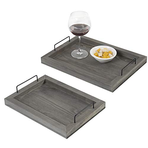 MyGift Rustic Gray Wood Serving Trays with Handles, Rectangular Nesting Coffee Ottoman Decorative Trays, 2 Piece Set