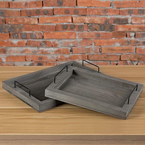 MyGift Rustic Gray Wood Serving Trays with Handles, Rectangular Nesting Coffee Ottoman Decorative Trays, 2 Piece Set