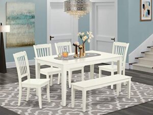 east west furniture cada6-lwh-w capri 6 piece set contains a rectangle kitchen table and 4 dining chairs with a bench, 36x60 inch, linen white