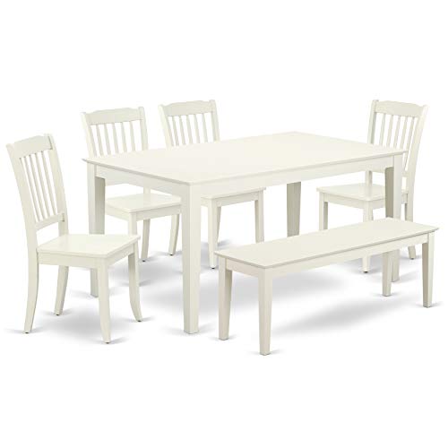 East West Furniture CADA6-LWH-W Capri 6 Piece Set Contains a Rectangle Kitchen Table and 4 Dining Chairs with a Bench, 36x60 Inch, Linen White