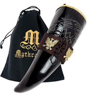 mythrojan the king of the north - viking drinking horn with brown leather holder authentic medieval inspired viking wine/mead mug – polished finish