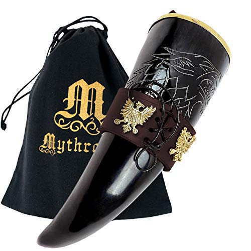 Mythrojan THE KING OF THE NORTH - Viking Drinking Horn with Brown Leather holder Authentic Medieval Inspired Viking Wine/Mead Mug – Polished Finish