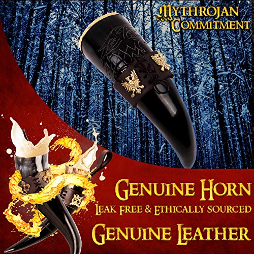 Mythrojan THE KING OF THE NORTH - Viking Drinking Horn with Brown Leather holder Authentic Medieval Inspired Viking Wine/Mead Mug – Polished Finish