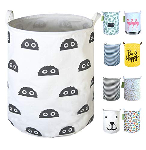 SEAFOWL 19.7" Collapsible Laundry Basket,Round Canvas Waterproof Large Storage Basket Cute Cartoon Nursery Basket (Big Eye Monster)