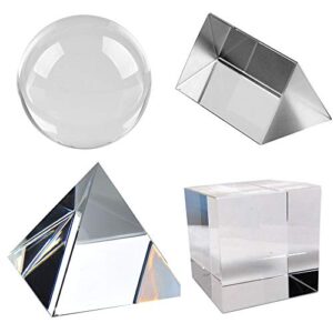 amlong crystal k9 optical crystal photography prism set of 4 pieces, 50mm crystal ball, 50mm cube, 60mm prism, 60mm pyramid