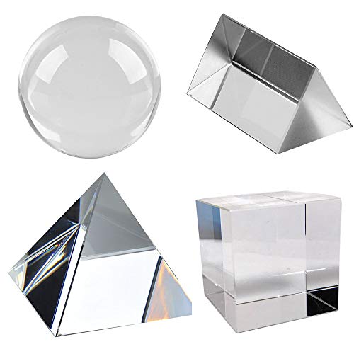 Amlong Crystal K9 Optical Crystal Photography Prism Set of 4 Pieces, 50mm Crystal Ball, 50mm Cube, 60mm Prism, 60mm Pyramid