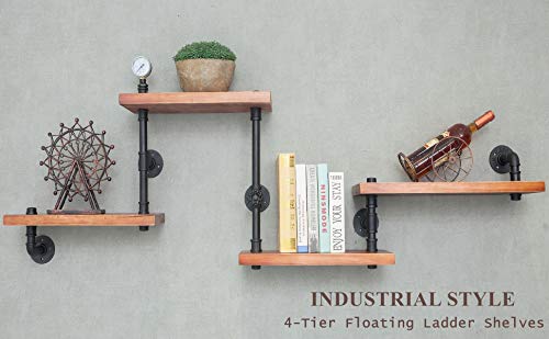 DOFURNILIM Industrial Rustic Wall Wood Pipe Ladder Floating Shelves - DIY Modern Storage Shelving Bookshelf for Bathroom Kitchen Office Home – Steampunk Bookcase (Floating Ladder shelves-51.18“W)