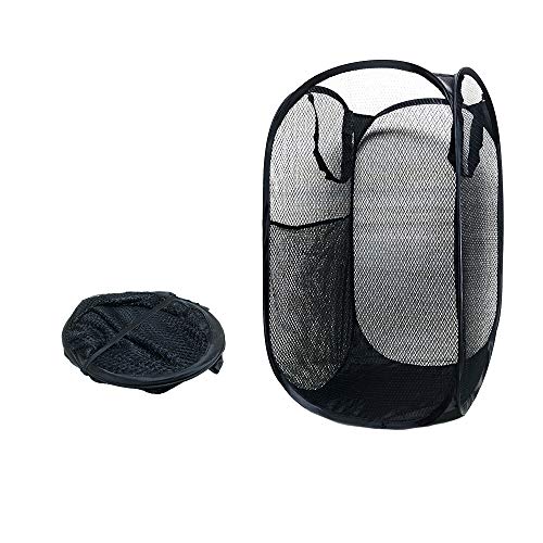 Plehoth Mesh Popup Laundry Hamper Large Collapsible Laundry Basket Width Side Pocket & Handles Foldable Clothes Hamper for Collage Dorms, Kids Rooms or Travel (Black)