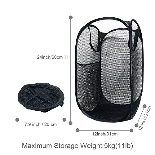 Plehoth Mesh Popup Laundry Hamper Large Collapsible Laundry Basket Width Side Pocket & Handles Foldable Clothes Hamper for Collage Dorms, Kids Rooms or Travel (Black)