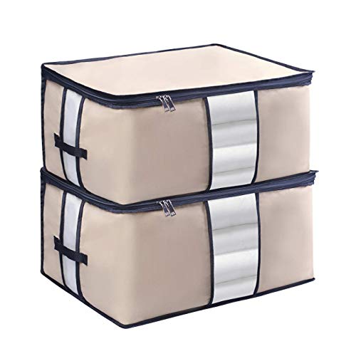 LONGTEAM 2PCS Oxford Comforter Storage Bags Home Pillow Beddings Blanket Clothes Breathable Organizers with Zippers, Clear Windows and Carry Handles (Beige, 2 Packs)