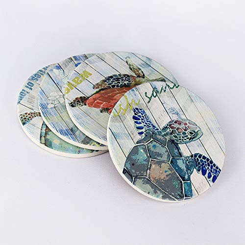 Absorbent Coasters Set of 4 - Ocean Theme Sea Turtle Coaster for Drinks with Vibrant Colors and Cork Backing (sea Turtle)…