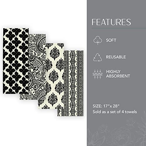 Elrene Home Fashions Everyday Casual Prints Assorted Kitchen Towels, Cotton Dish Towels, 17 Inches by 28 Inches, Black, Set of 4