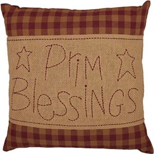 vhc brands burgundy check prim blessings text cotton burlap primitive thanksgiving bedding embroidered square pillow, 12x12, red