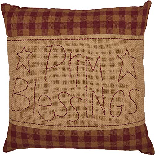 VHC Brands Burgundy Check Prim Blessings Text Cotton Burlap Primitive Thanksgiving Bedding Embroidered Square Pillow, 12x12, Red