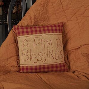 VHC Brands Burgundy Check Prim Blessings Text Cotton Burlap Primitive Thanksgiving Bedding Embroidered Square Pillow, 12x12, Red