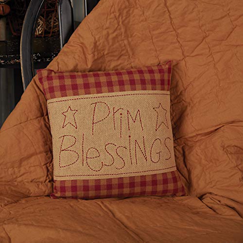 VHC Brands Burgundy Check Prim Blessings Text Cotton Burlap Primitive Thanksgiving Bedding Embroidered Square Pillow, 12x12, Red